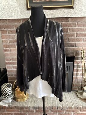 Women's Black Metallic-Striped Draped Open Blazer